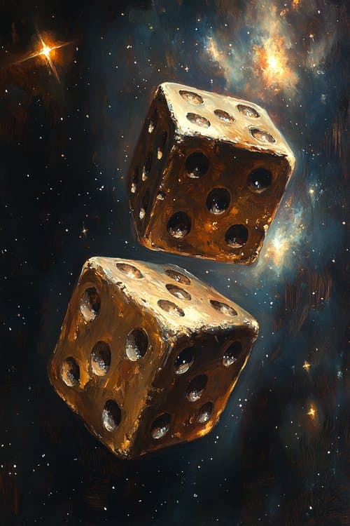 Dice on a worn table — the spine of every Wanderstar scene